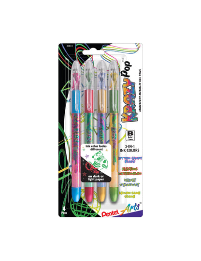 Pentel Arts Krazy Pop Iridescent Gel Pen, (1.0mm) Bold line, Assorted Ink (XC/BD/CP/DG), 4-pk (K91PABP4M3)
