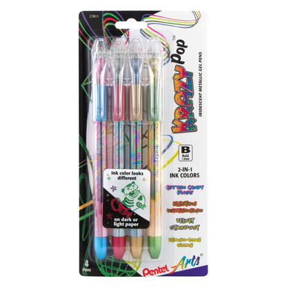 Pentel Arts Krazy Pop Iridescent Gel Pen, (1.0mm) Bold line, Assorted Ink (XC/BD/CP/DG), 4-pk (K91PABP4M3)