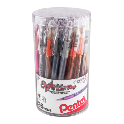 Pentel Sparkle Pop Iridescent Gel Pens, (1.0mm) Bold lines, Assorted Ink (A/C/D/F/P/V/X/Z) 36-pk Canister (K91PC36M)