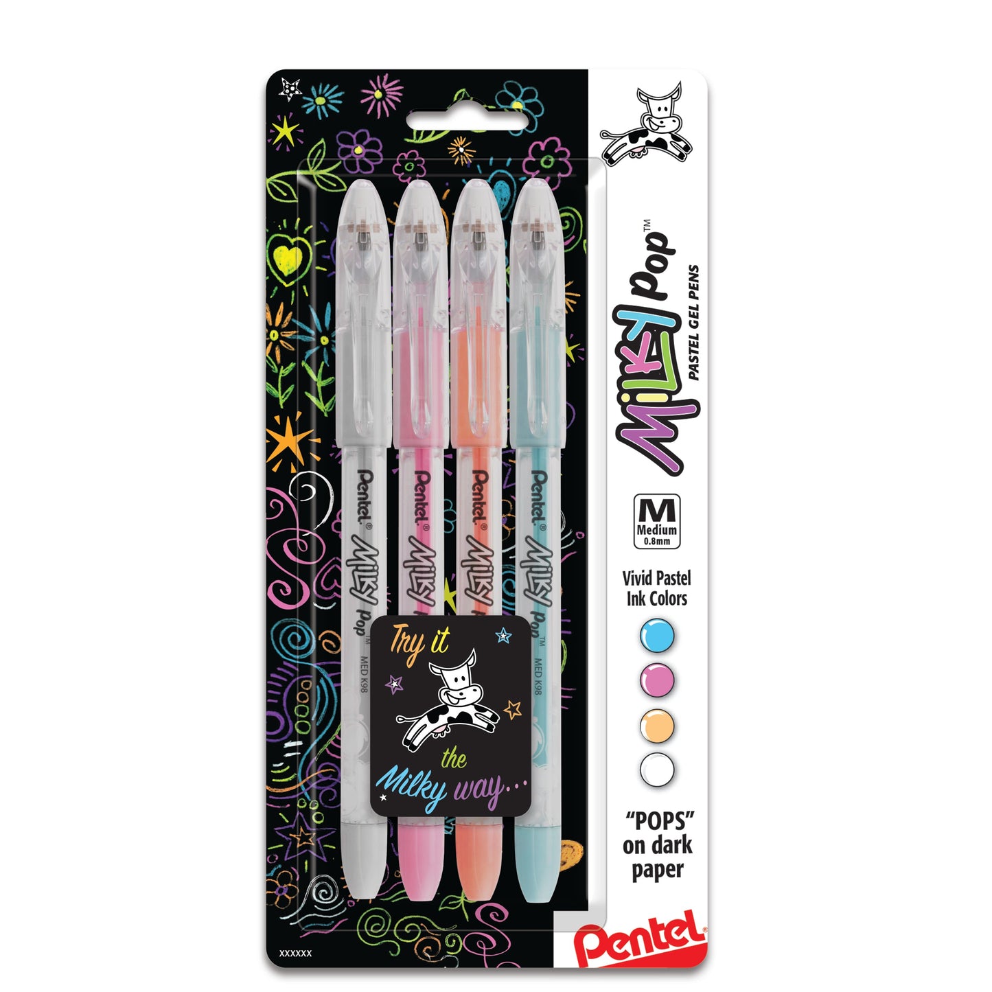 Milky Pop Pastel Gel Pen, (0.8mm) Medium Line, Assorted Ink (SPFW), 4-Pk (K98BP4M)