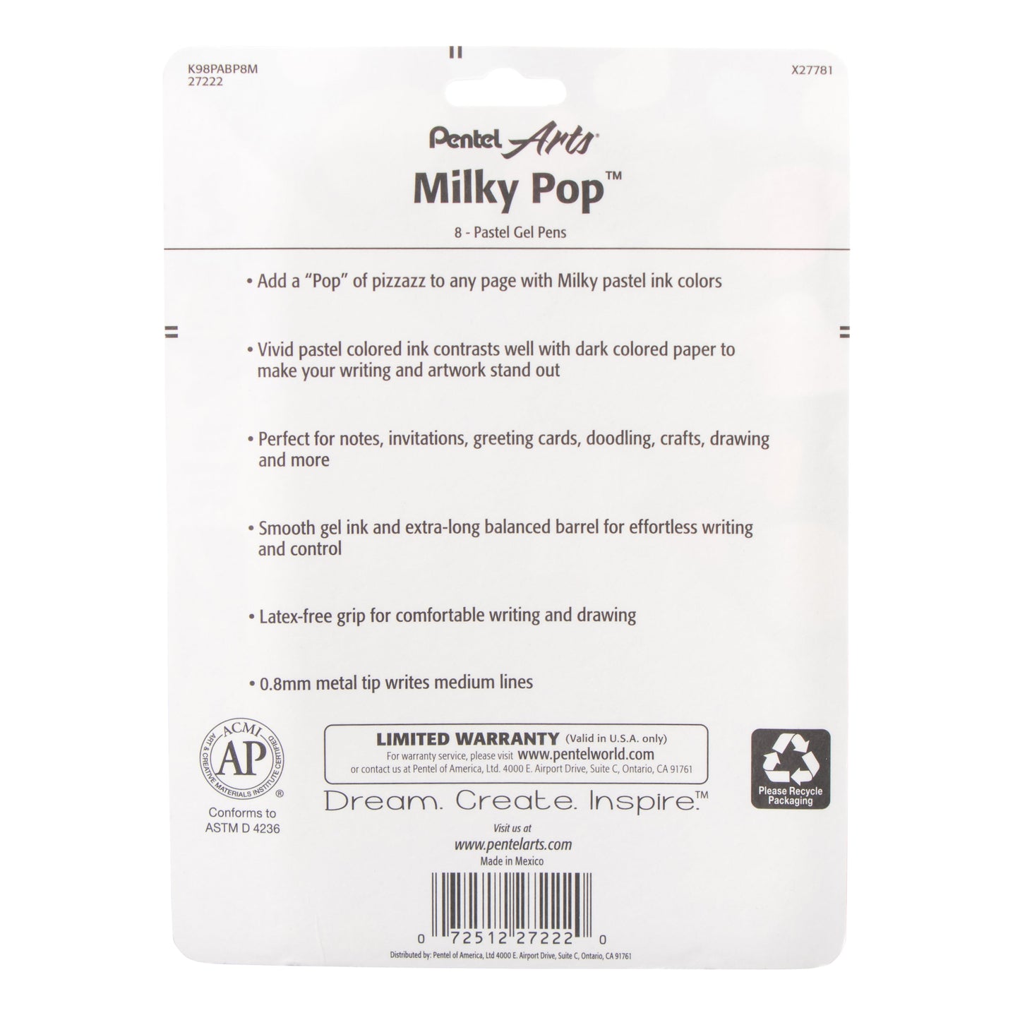 Pentel Arts Milky Pop Pastel Gel Pen, (0.8mm) Medium Line, Assorted Ink (F/G/K/P/S/V/2W), 8-Pk (K98PABP8M)