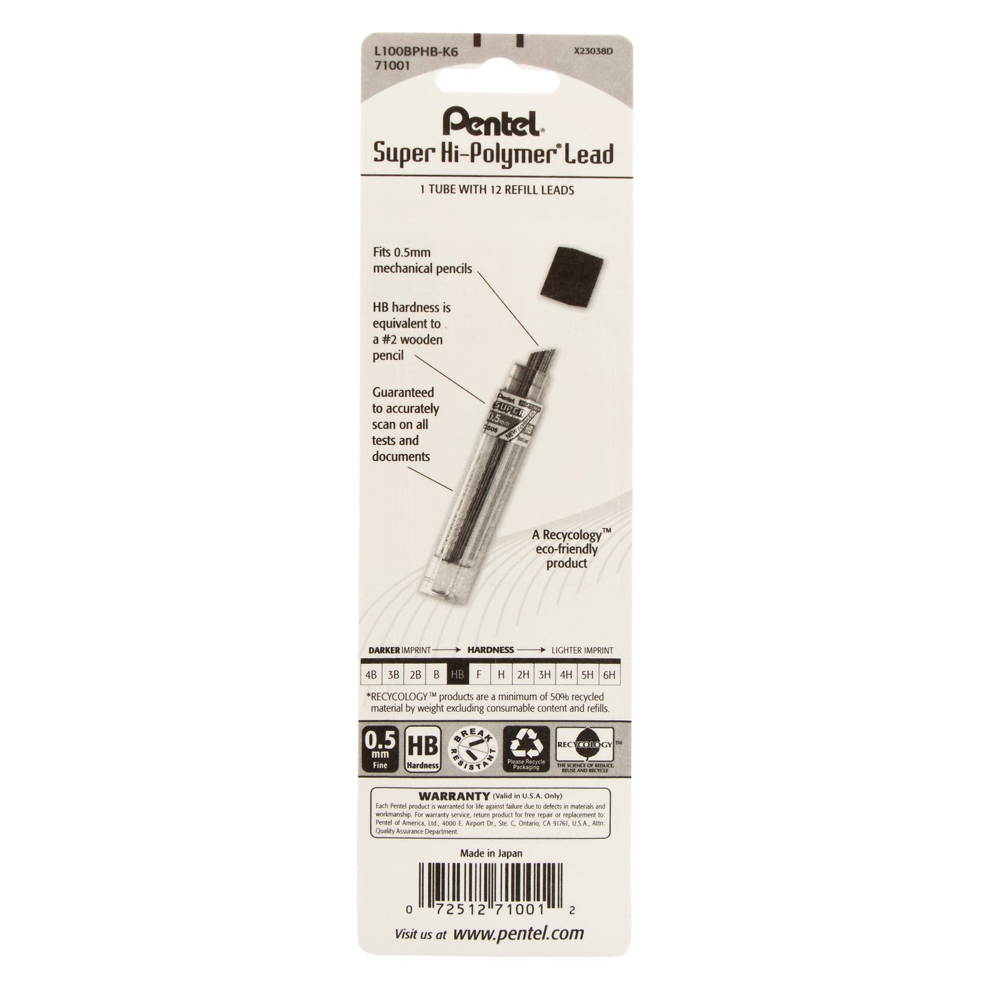 Super Hi-Polymer Lead Refill (0.5mm), HB 12 pcs/Tube 1-Pk (L100BPHB-K6)