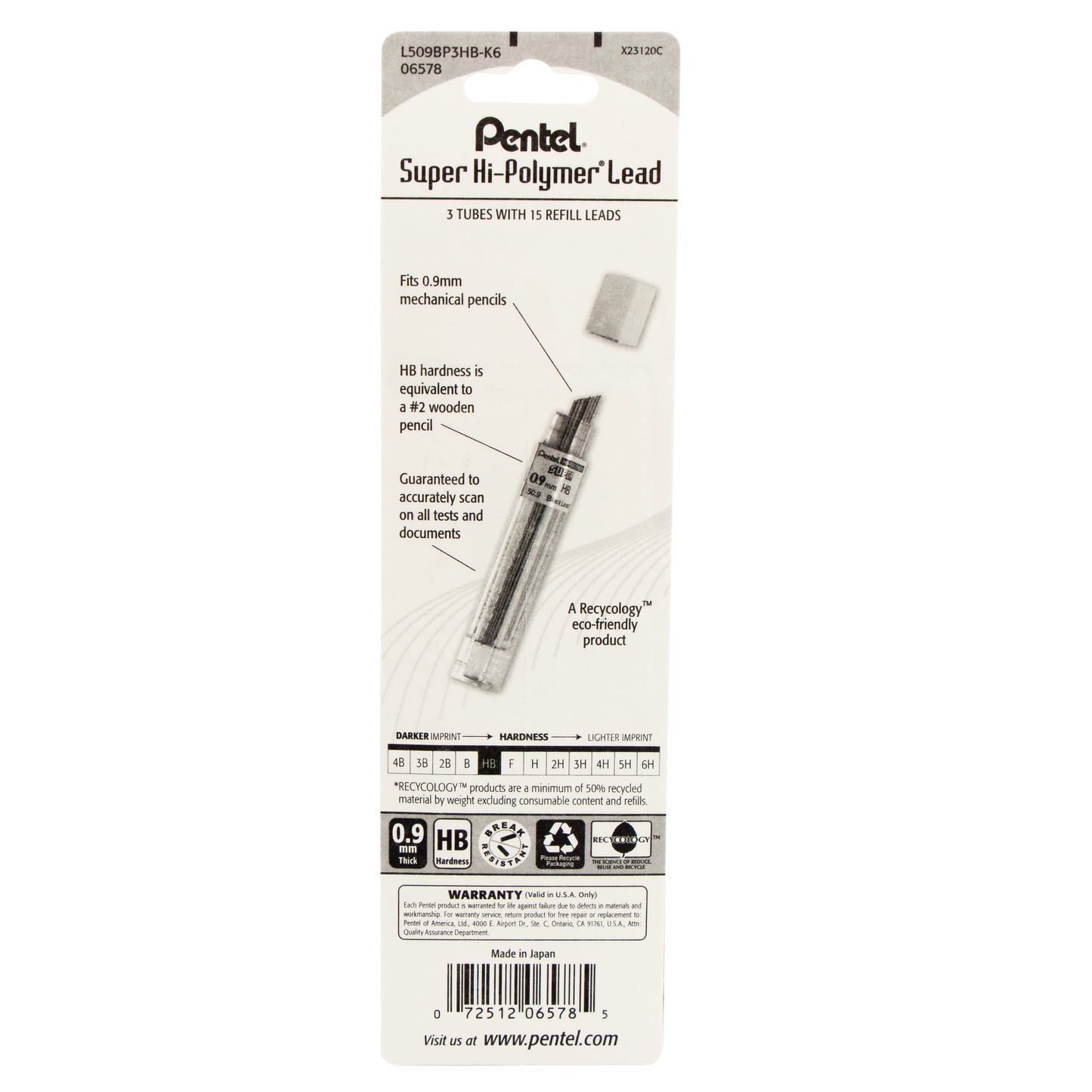 Super Hi-Polymer Lead Refill (0.9mm), HB 15 pcs/Tube 3-Pk (L509BP3HB-K6)