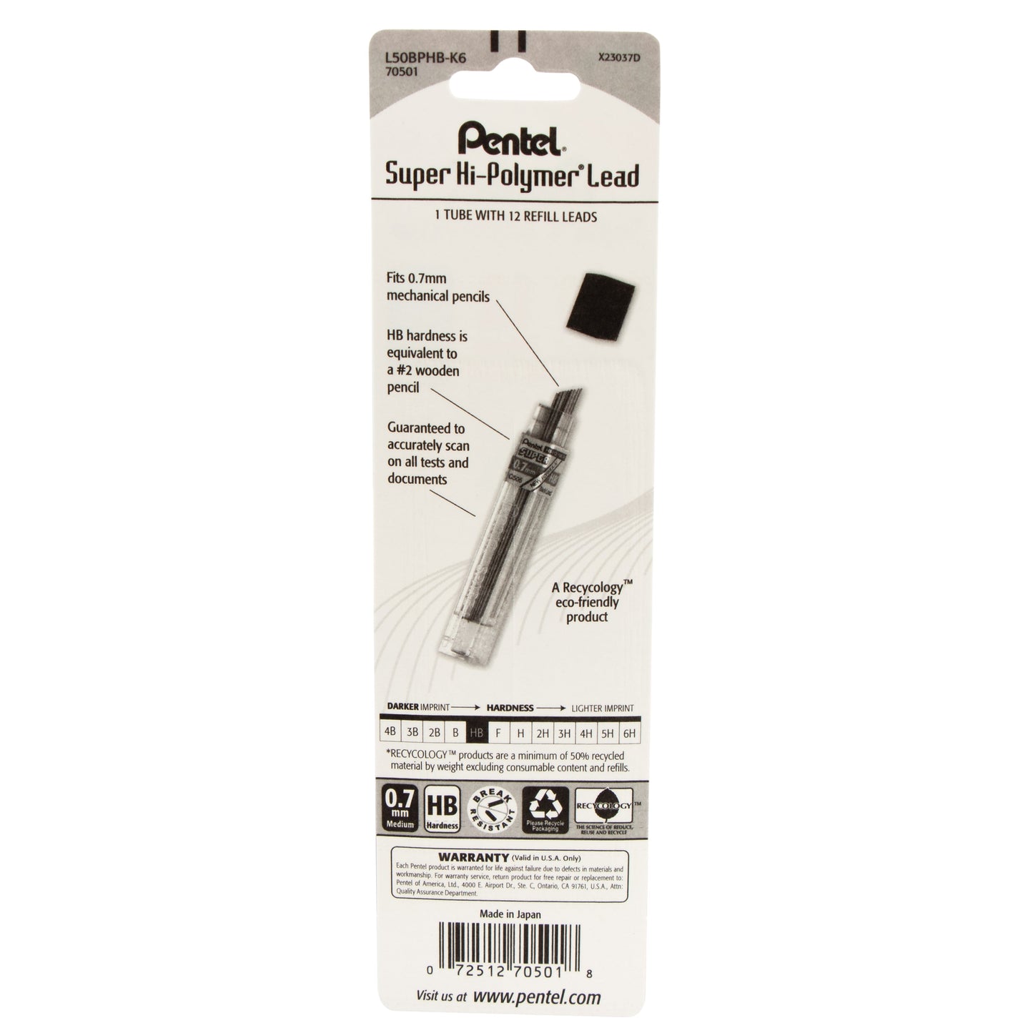 Super Hi-Polymer Lead Refill (0.7mm), HB 12 pcs/Tube 1-Pk (L50BPHB-K6)