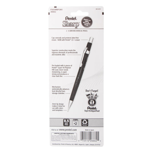 Sharp Mechanical Pencil (0.5mm) Metallic Barrels, Assorted Barrel Colors (MC/MV), 2-Pk (P205MBP2M1)