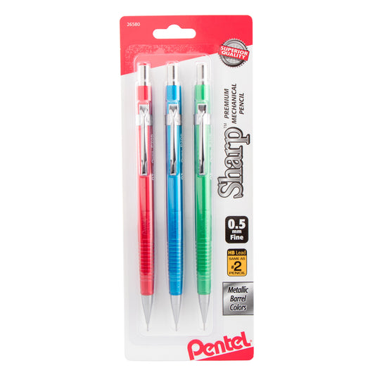 Sharp Mechanical Pencil, (0.5mm), Metallic Barrels, Assorted Colors (B/C/D), 3-Pk (P205MBP3M1)