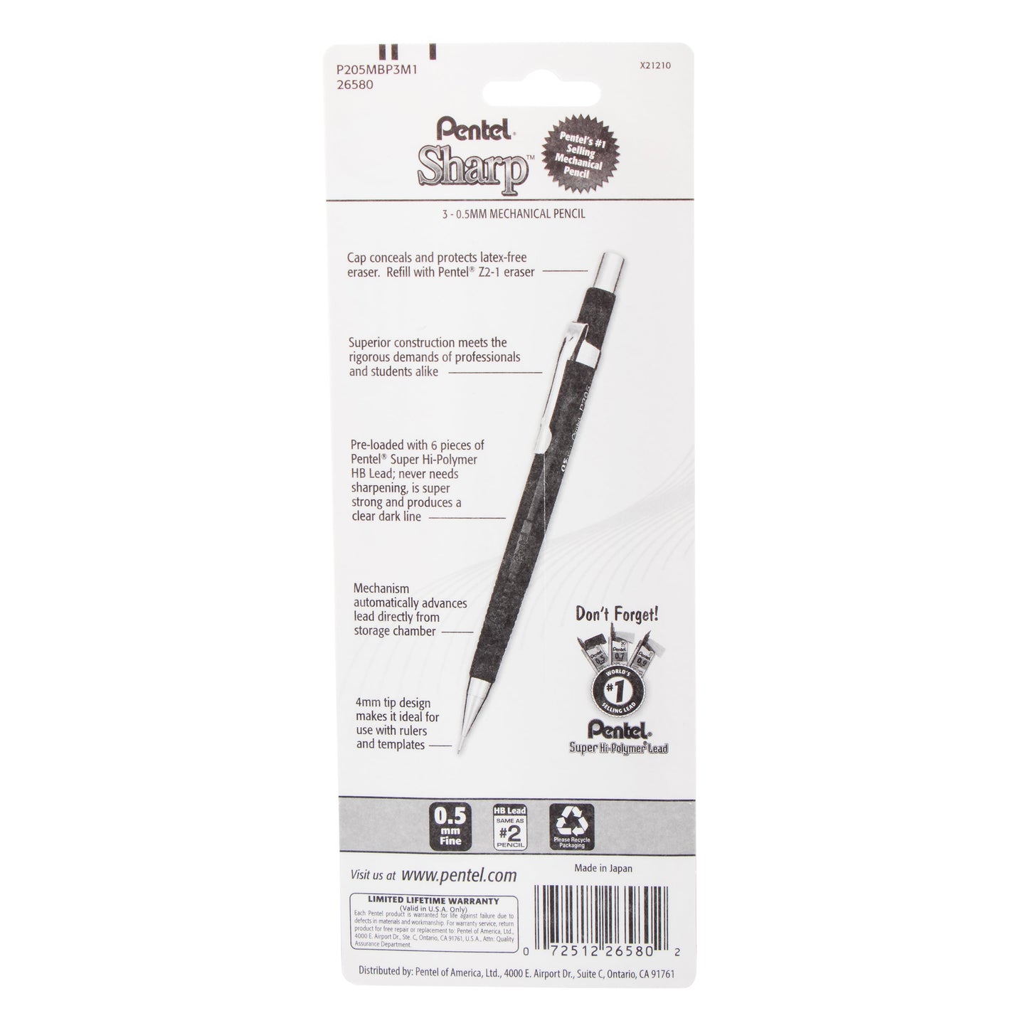 Sharp Mechanical Pencil, (0.5mm), Metallic Barrels, Assorted Colors (B/C/D), 3-Pk (P205MBP3M1)