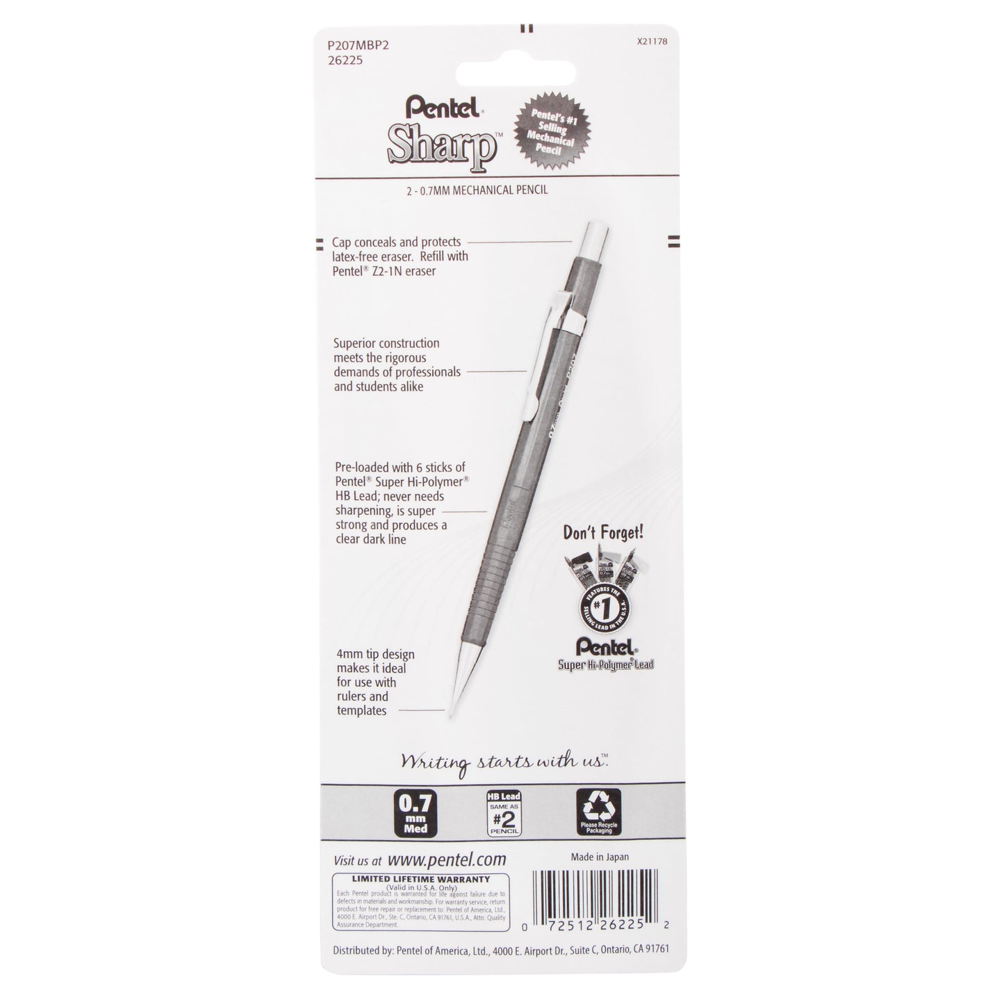 Sharp Mechanical Pencil (0.7mm) Metallic Barrels, Assorted Barrel Colors, 2-Pk (P207MBP2)