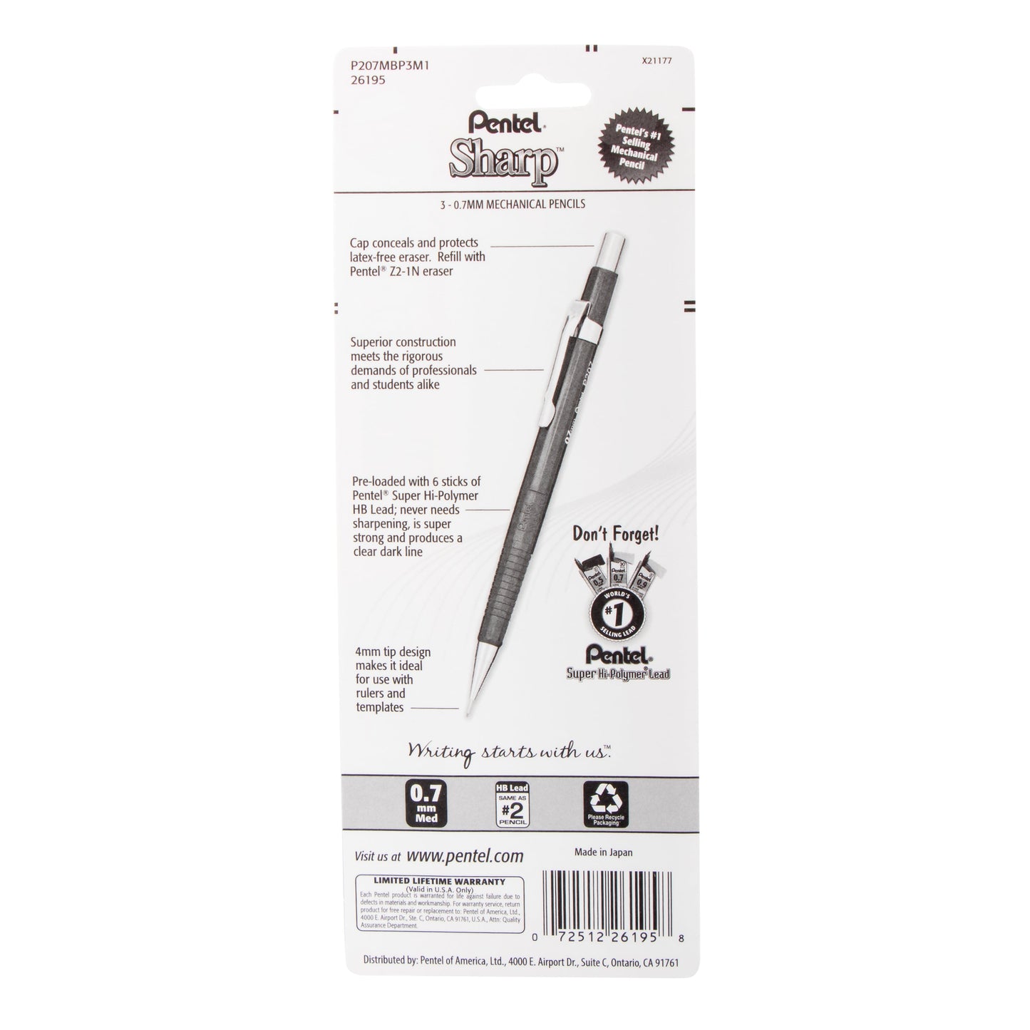Sharp Mechanical Pencil (0.7mm) Metallic Barrels, Assorted Colors (MP1/MS/MK1), 3-Pk (P207MBP3M1)