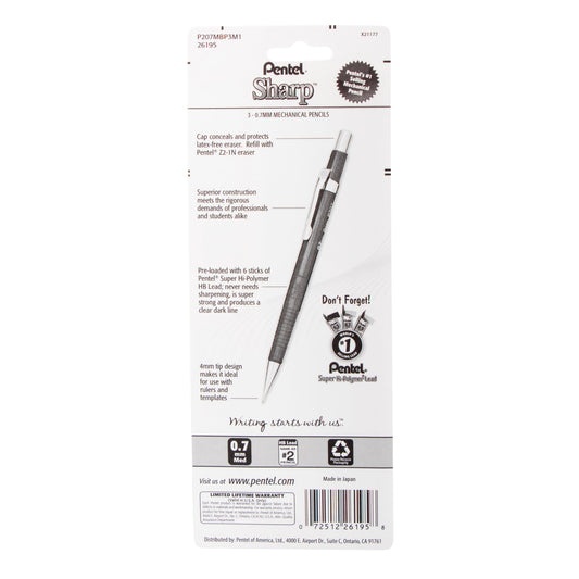 Sharp Mechanical Pencil (0.7mm) Metallic Barrels, Assorted Colors (MP1/MS/MK1), 3-Pk (P207MBP3M1)