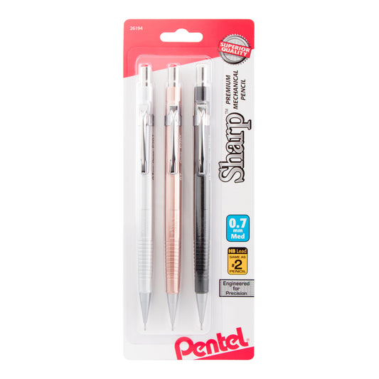Sharp Mechanical Pencil (0.7mm) Metallic Barrels, Assorted Colors (Z/MS/MK1), 3-Pk (P207MBP3M)