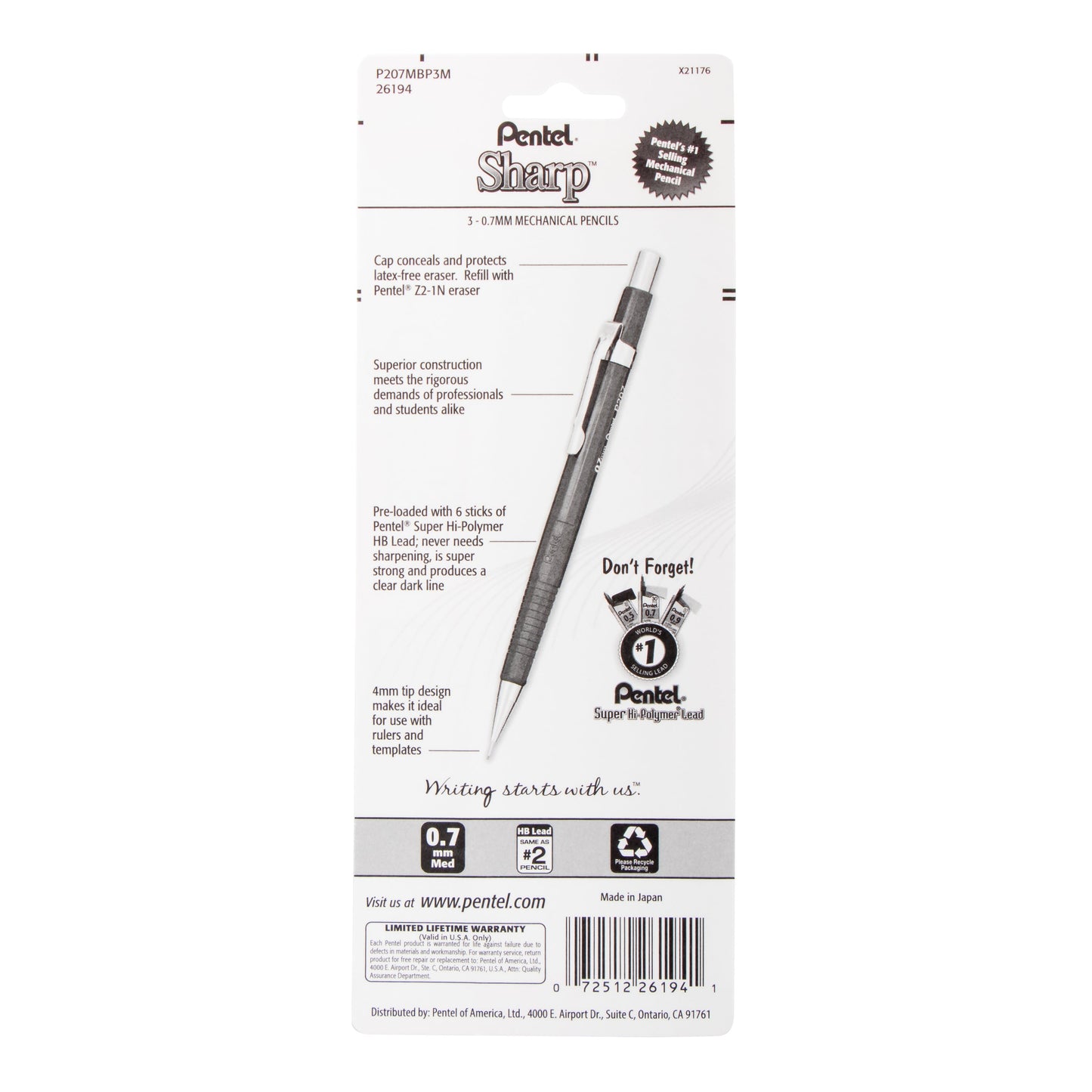 Sharp Mechanical Pencil (0.7mm) Metallic Barrels, Assorted Colors (Z/MS/MK1), 3-Pk (P207MBP3M)