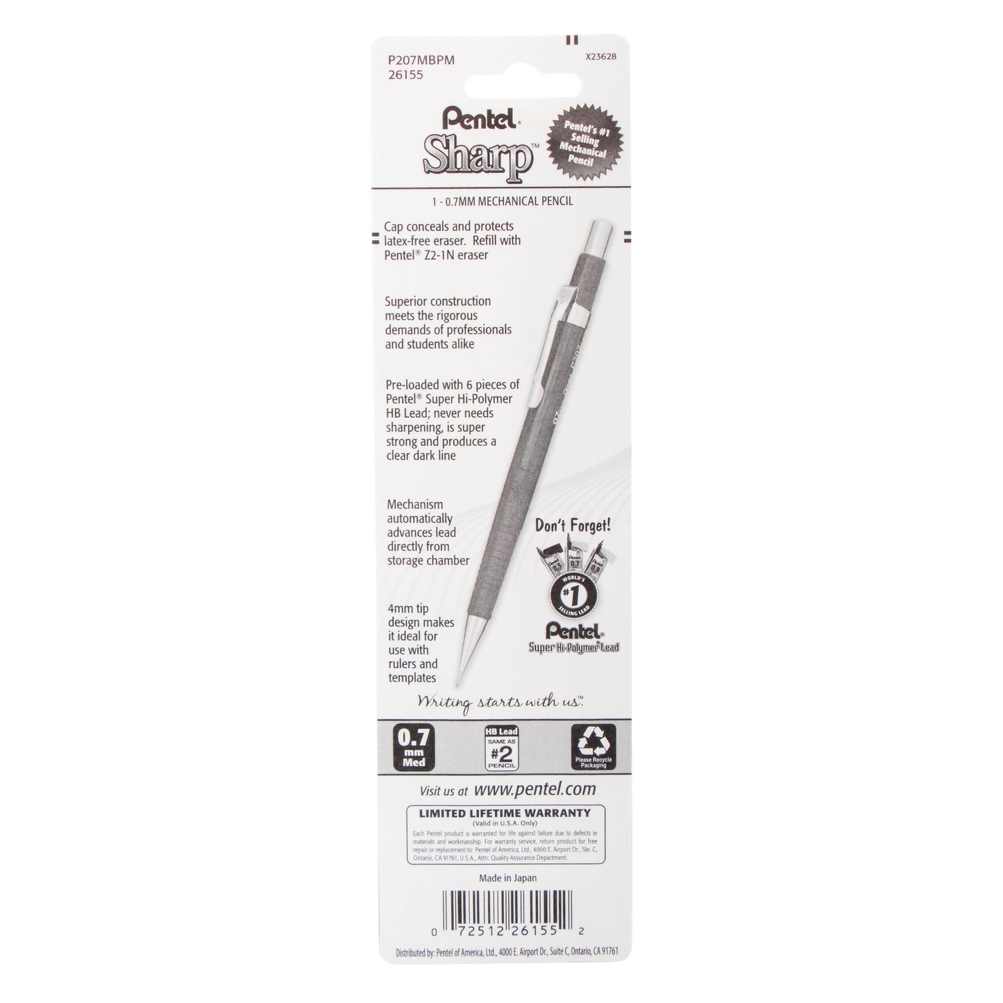 Sharp Mechanical Pencil (0.7mm) Metallic Barrels, Assorted Barrel Colors, 1-Pk (P207MBPM)