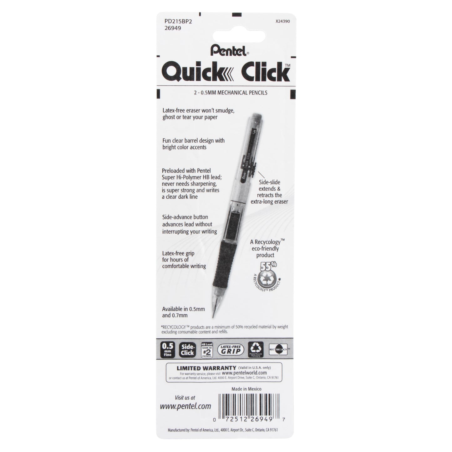 QUICK CLICK Mechanical Pencil (0.5mm), Assorted Barrels, 2-Pk (PD215BP2)