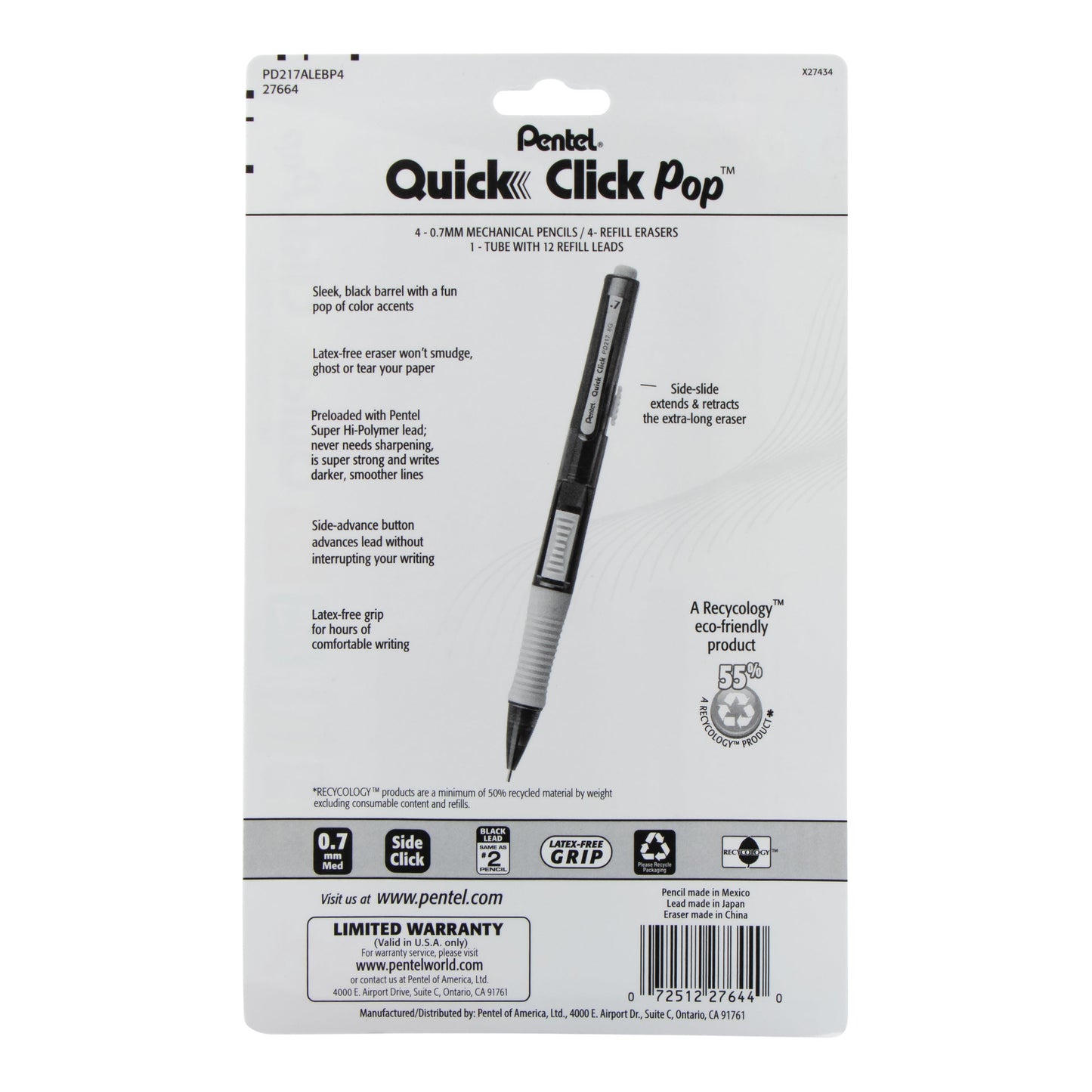 QUICK CLICK Pop Mechanical Pencil, (0.7mm) Medium 2B Lead, with 2B Lead and (4) Eraser Refills, 4-pk (PD217ALEBP4)