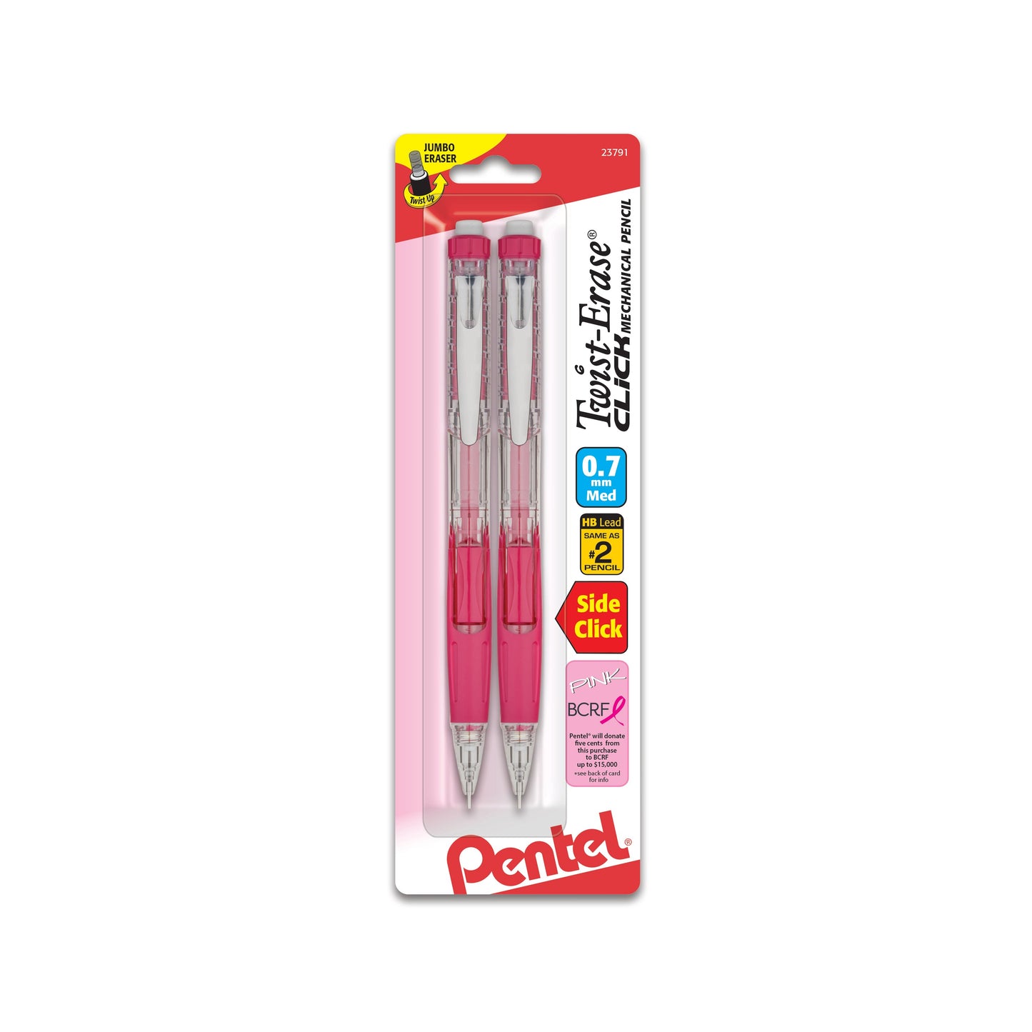 PINK BCA Twist-Erase Click Mechanical Pencil, (0.7mm) Clear Barrel, 2-Pk (PD277TBP2P-BC)