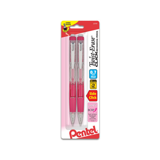 PINK BCA Twist-Erase Click Mechanical Pencil, (0.7mm) Clear Barrel, 2-Pk (PD277TBP2P-BC)