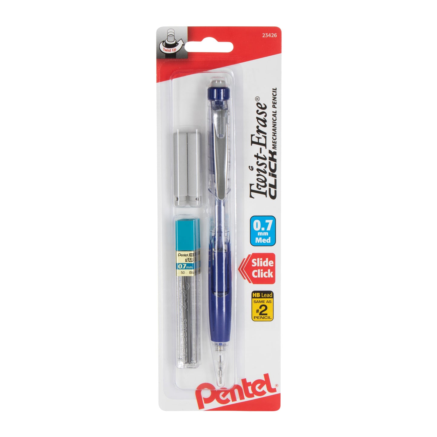 Twist-Erase CLICK Mechanical Pencil, (0.7mm) Clear Barrel, Asst Grip Colors
with Lead and (2) Erasers, 1-pk Carded (PD277TLEBP)