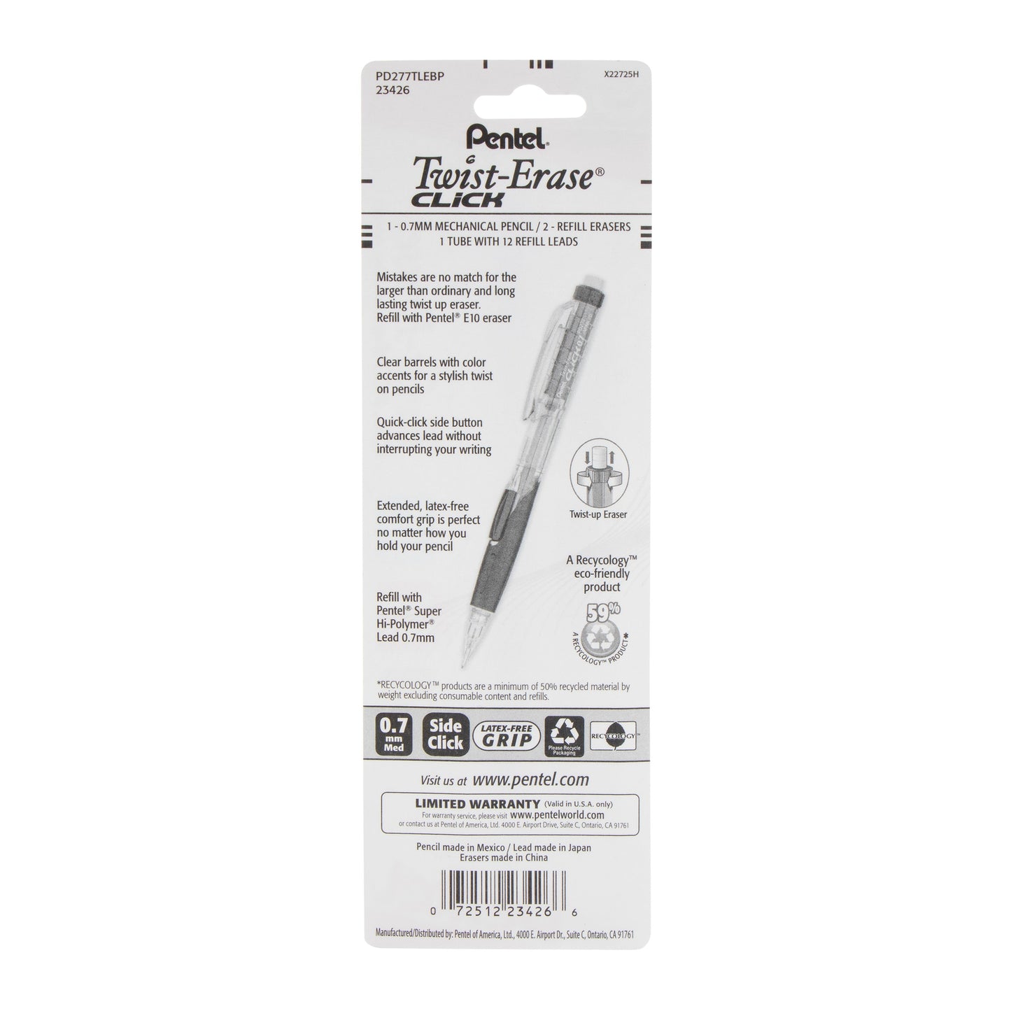 Twist-Erase CLICK Mechanical Pencil, (0.7mm) Clear Barrel, Asst Grip Colors
with Lead and (2) Erasers, 1-pk Carded (PD277TLEBP)