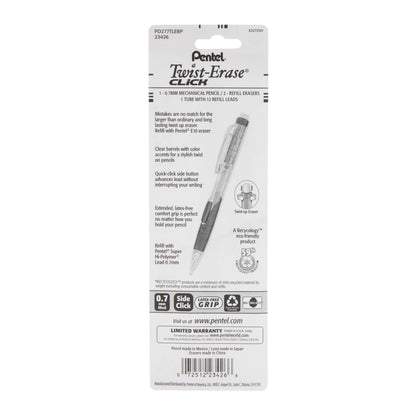Twist-Erase CLICK Mechanical Pencil, (0.7mm) Clear Barrel, Asst Grip Colors
with Lead and (2) Erasers, 1-pk Carded (PD277TLEBP)