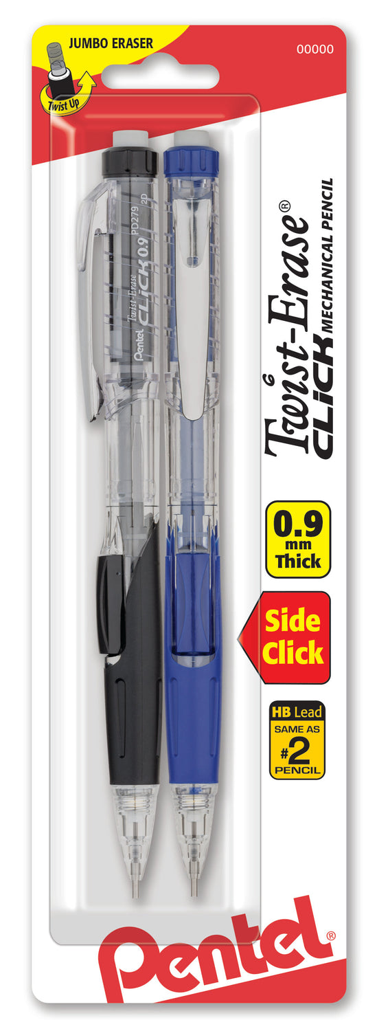 Twist-Erase Click Mechanical Pencil, (0.9mm) Clear Assorted Grip Colors, 2-Pk (PD279TBP2M)