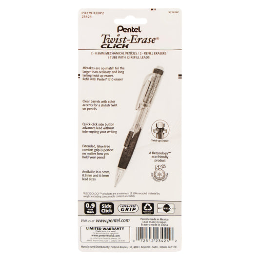 Twist-Erase Click Mechanical Pencil (0.9mm) Clear Barrel, 2-Pk with Lead and 2 erasers (PD279TLEBP2)