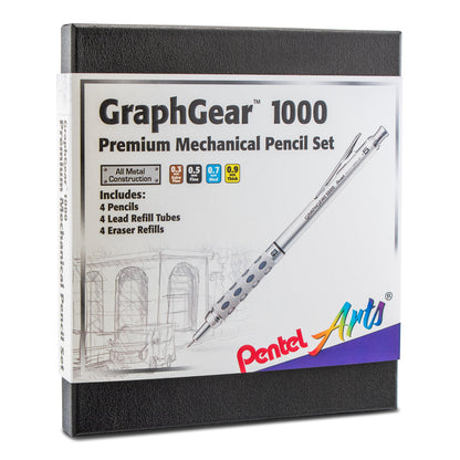 Pentel Arts GraphGear 1000 Premium Automatic Drafting Pencil Set (0.3mm, 0.5mm, 0.7mm, 0.9mm), 4 Asst. Leads, Refill Erasers, Assorted Gift Box Set (PG1000BXSET)