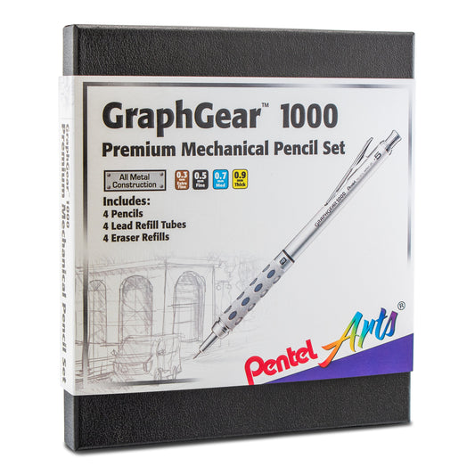 Pentel Arts GraphGear 1000 Premium Automatic Drafting Pencil Set (0.3mm, 0.5mm, 0.7mm, 0.9mm), 4 Asst. Leads, Refill Erasers, Assorted Gift Box Set (PG1000BXSET)