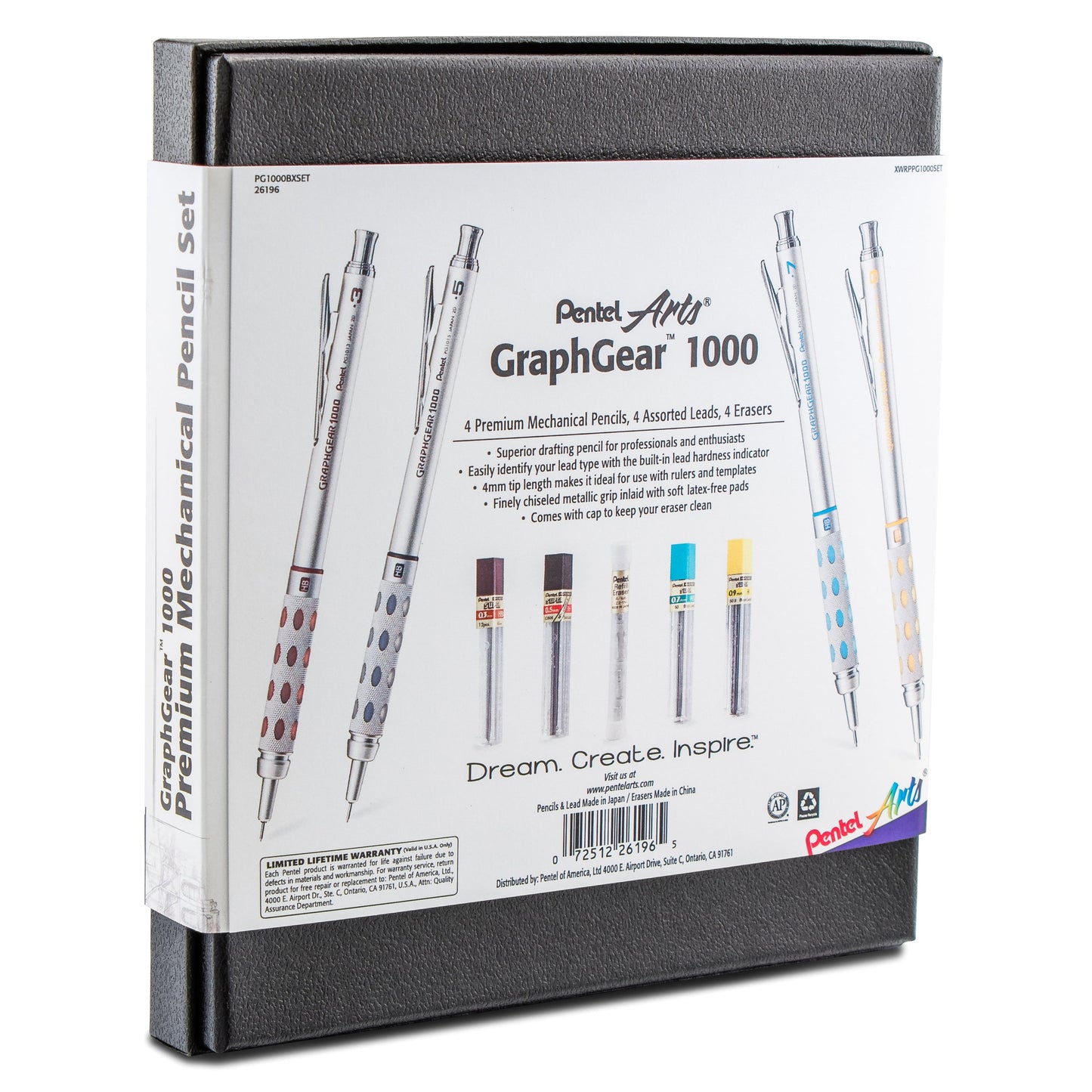 Pentel Arts GraphGear 1000 Premium Automatic Drafting Pencil Set (0.3mm, 0.5mm, 0.7mm, 0.9mm), 4 Asst. Leads, Refill Erasers, Assorted Gift Box Set (PG1000BXSET)
