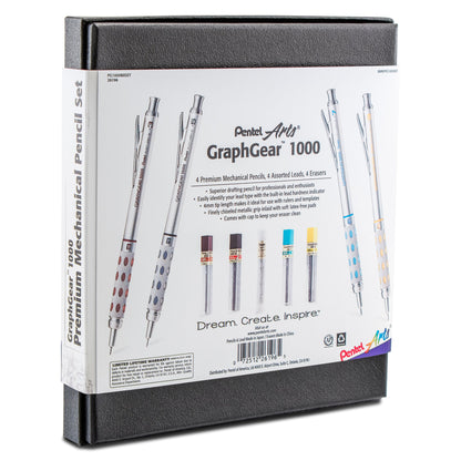 Pentel Arts GraphGear 1000 Premium Automatic Drafting Pencil Set (0.3mm, 0.5mm, 0.7mm, 0.9mm), 4 Asst. Leads, Refill Erasers, Assorted Gift Box Set (PG1000BXSET)