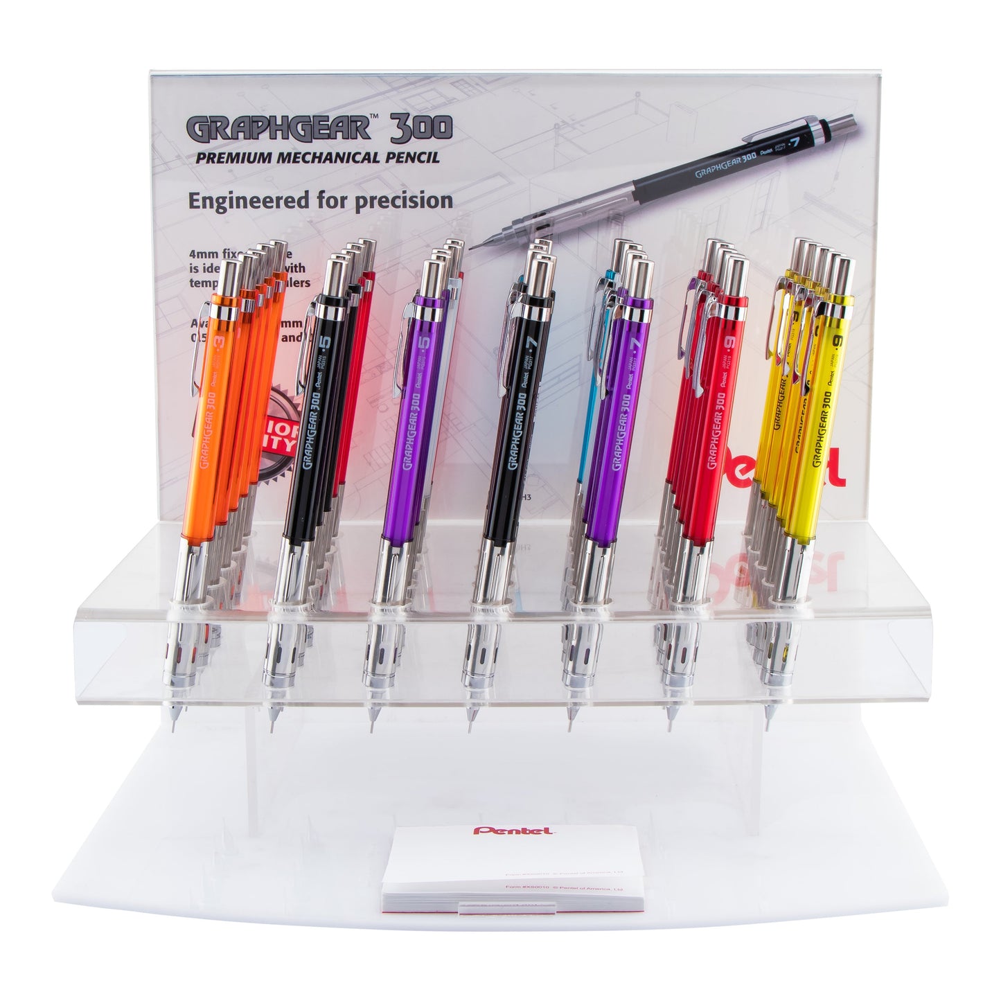GraphGear 300 Mechanical Pencil, (0.3/0.5/0.7/0.9mm) Extra-Fine/Fine/Medium/Thick line, Assorted Barrels, Open Stock Display, 35 pcs (PG313579-35)