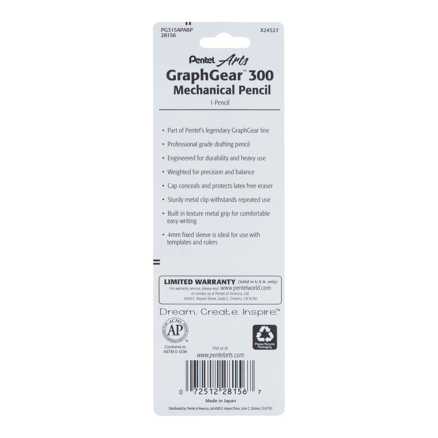 Pentel Arts GraphGear 300 Mechanical Pencil, (0.5mm) Fine line, 1-Pack, Black Barrel (PG315APABP)