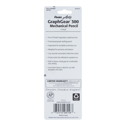 Pentel Arts GraphGear 300 Mechanical Pencil, (0.5mm) Fine line, 1-Pack, Black Barrel (PG315APABP)