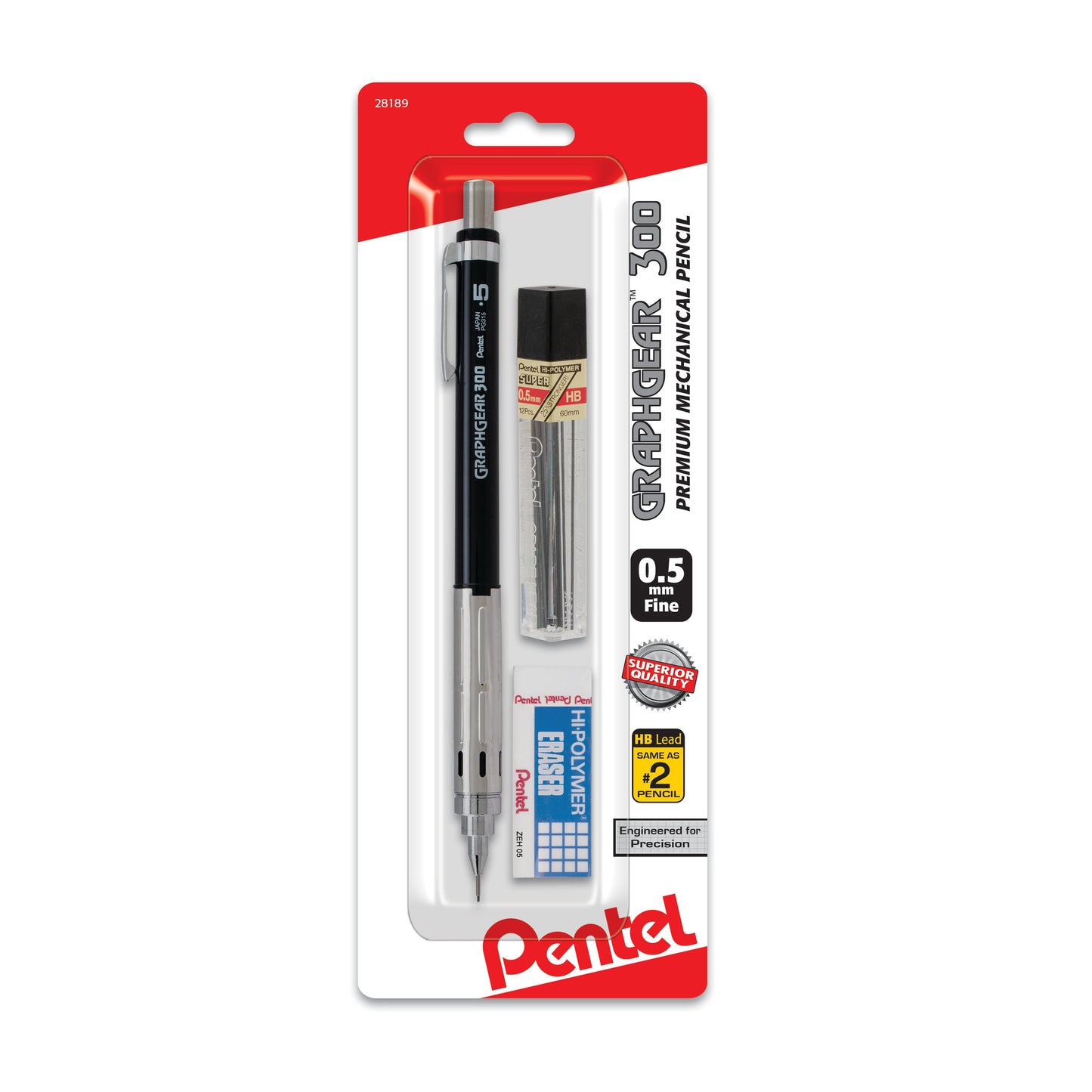 GraphGear 300 Mechanical Pencil, (0.5mm) Fine line, Assorted Barrels, with small block eraser + 1 refill lead tube (12  ea/ tube), 1-pk (PG315TLEBP)