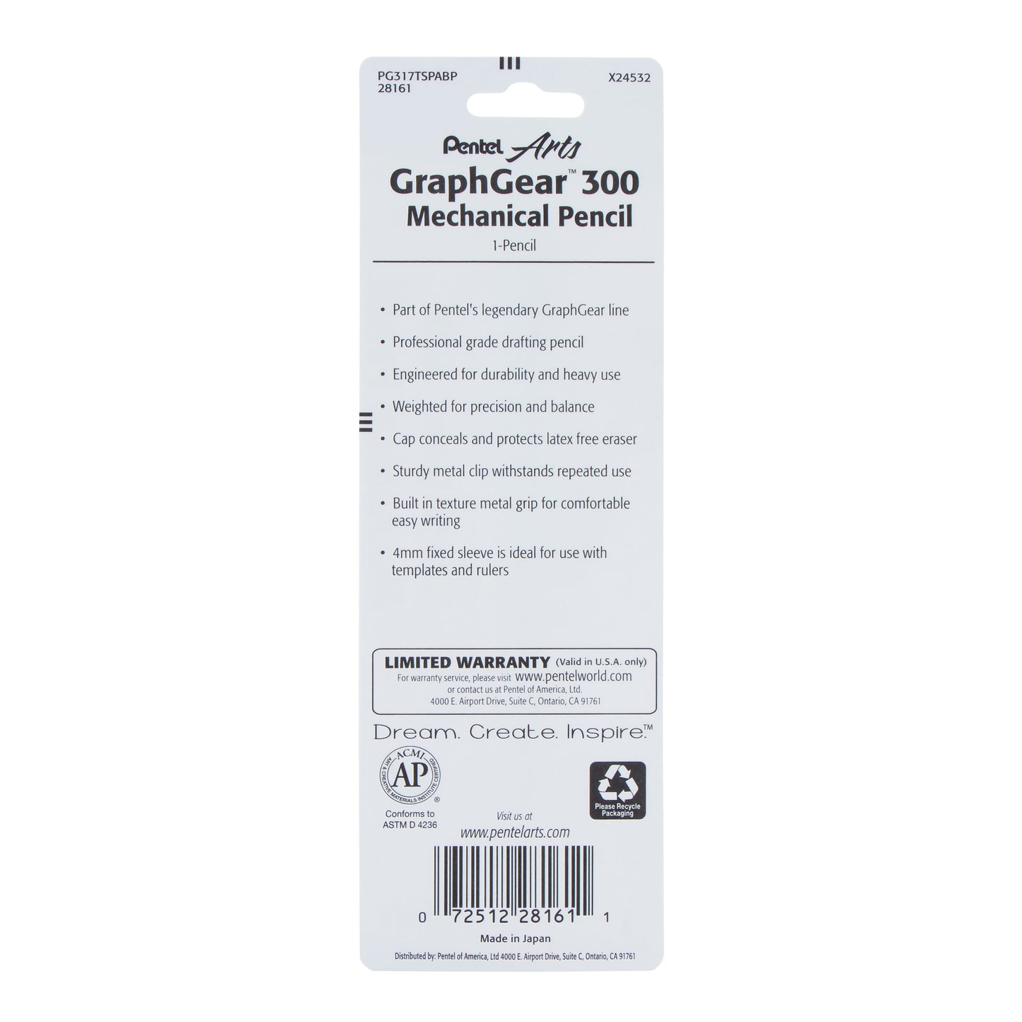 Pentel Arts GraphGear 300 Mechanical Pencil, (0.5mm) Fine line, 1-Pack, Sky Blue Barrel (PG317TSPABP)