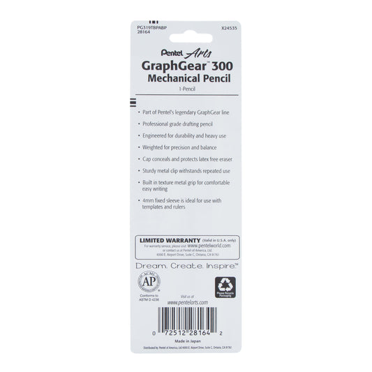 Pentel Arts GraphGear 300 Mechanical Pencil, (0.9mm) Thick line, 1-Pack, Red Barrel (PG319TBPABP)
