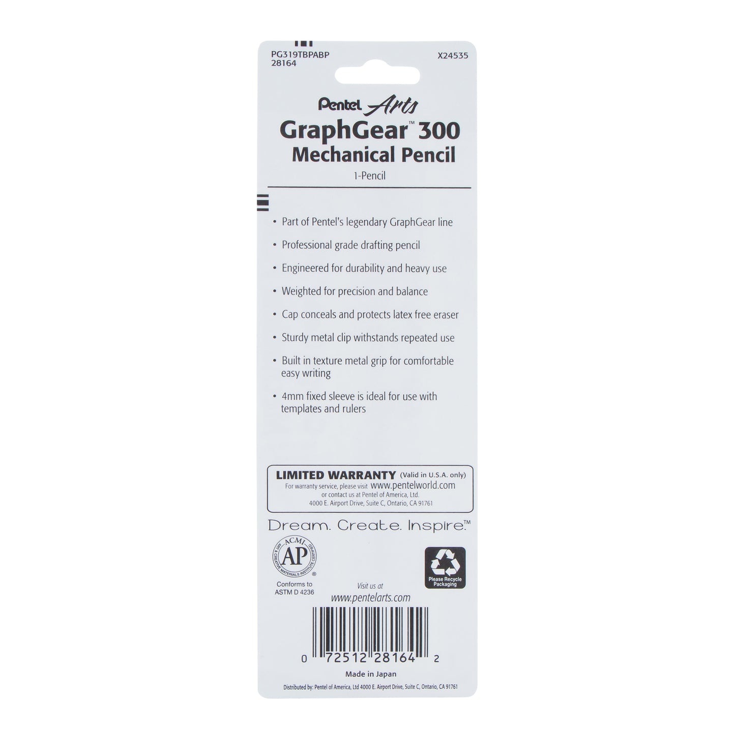 Pentel Arts GraphGear 300 Mechanical Pencil, (0.9mm) Thick line, 1-Pack, Red Barrel (PG319TBPABP)
