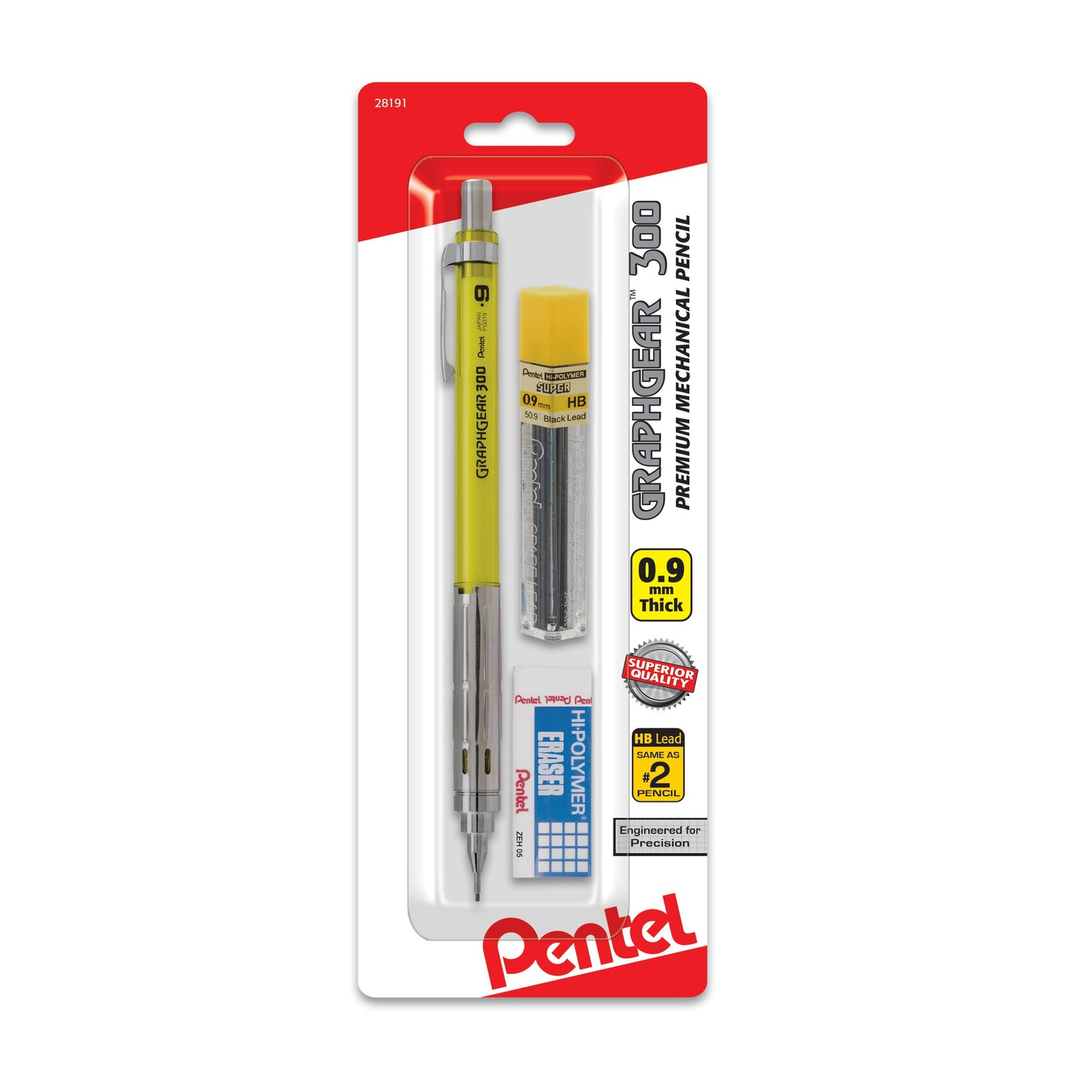 GraphGear 300 Mechanical Pencil, (0.9mm) Thick line, Assorted Barrels, with small block eraser + 1 refill lead tube (12  ea/ tube), 1-pk (PG319TLEBP)