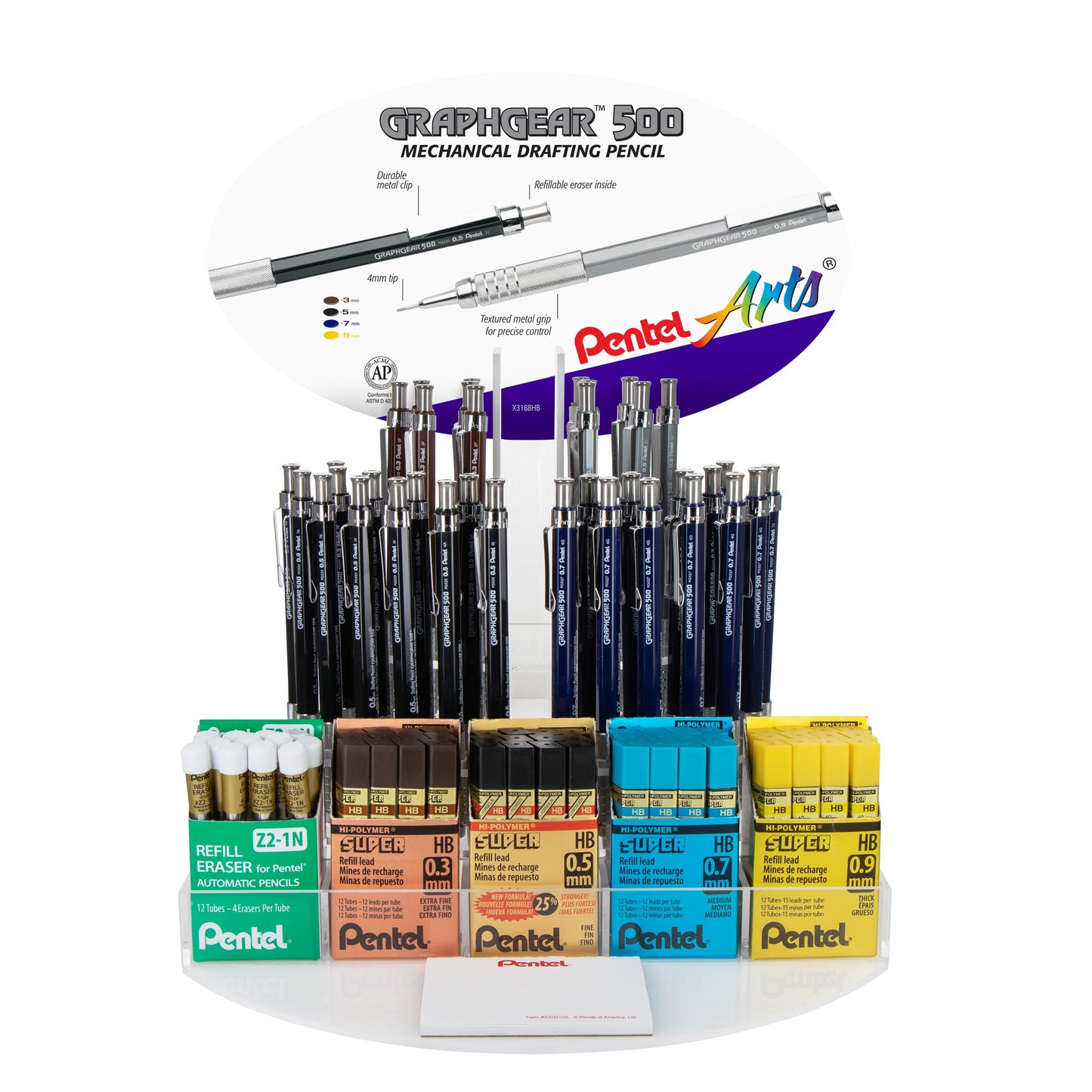 GraphGear 500 Premium Mechanical Pencil, (0.5/0.7/0.9mm) Assorted Barrel Colors, Refill Lead & Eraser, Open Stock Display - 96 Pieces (PG520-96)