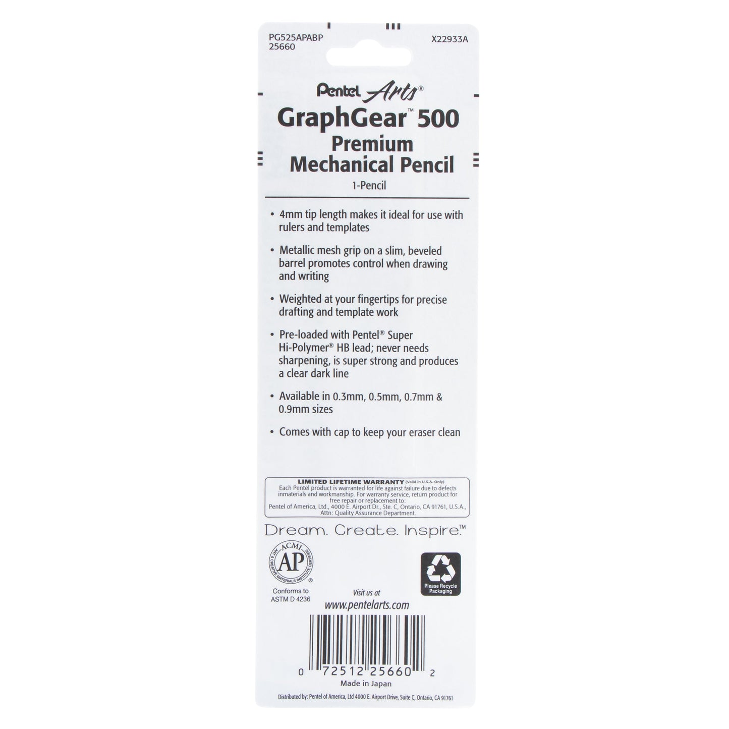 Pentel Arts GraphGear 500 Premium Drafting Pencil (0.5mm), Black Barrel, 1-Pk (PG525APABP)