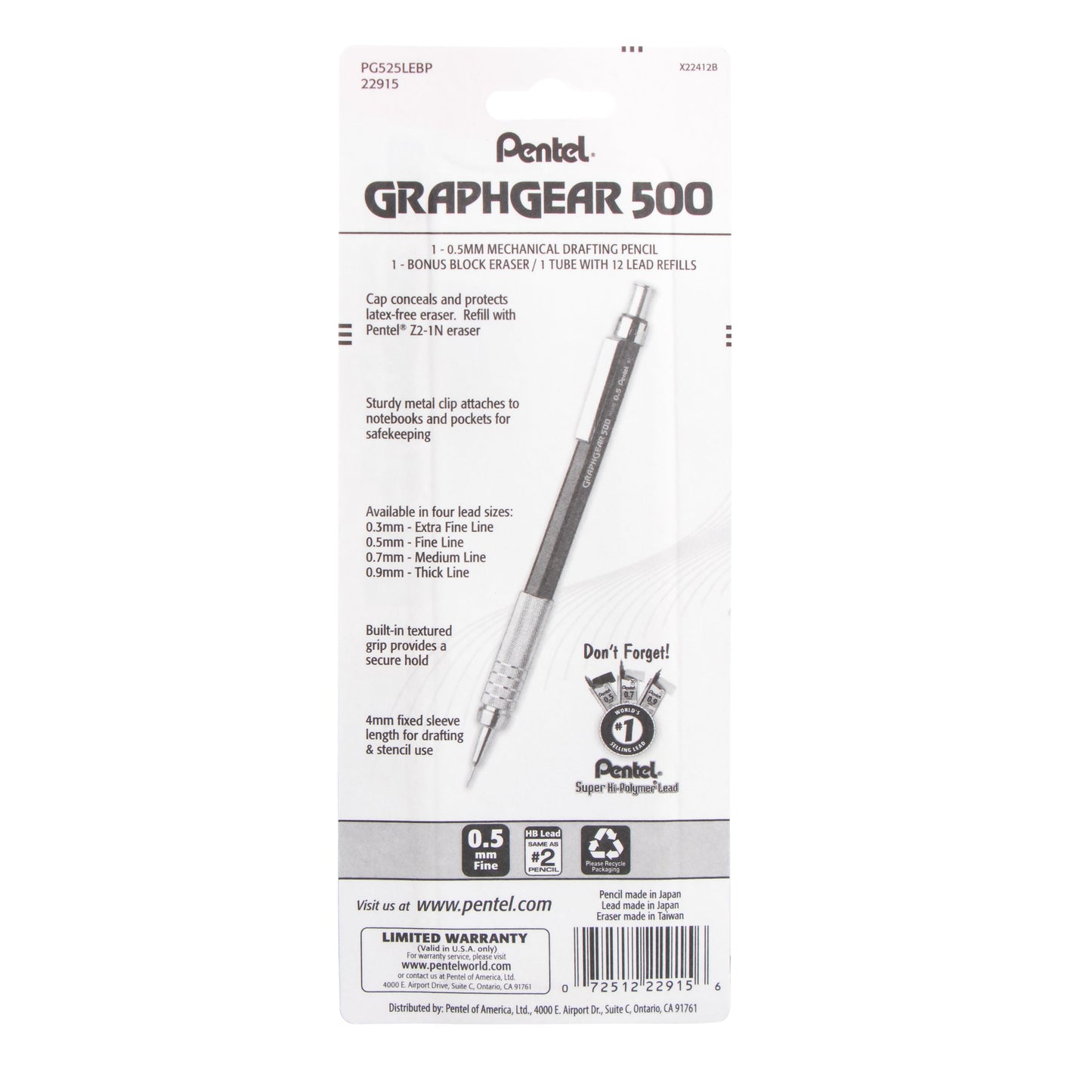 GraphGear 500 Automatic Drafting Pencil (0.5mm), Black Barrel 1-Pk  with Lead & Small Block Eraser (PG525LEBP)