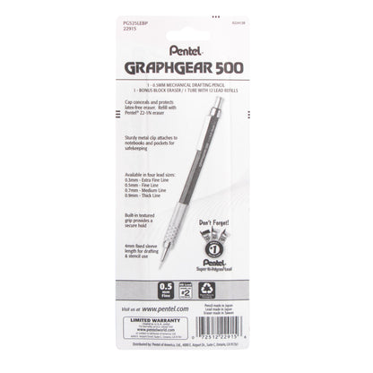 GraphGear 500 Automatic Drafting Pencil (0.5mm), Black Barrel 1-Pk  with Lead & Small Block Eraser (PG525LEBP)