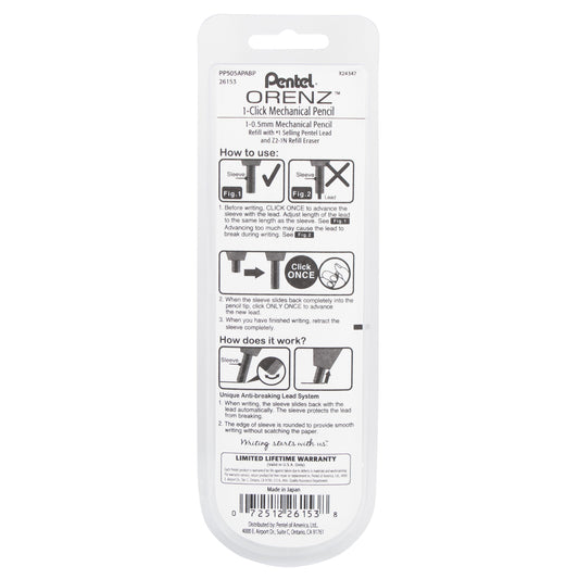 Pentel Arts ORENZ 1-Click Mechanical Pencil (0.5mm) Black Barrel, 1-Pk, Japan Style Graphics (PP505APABP)