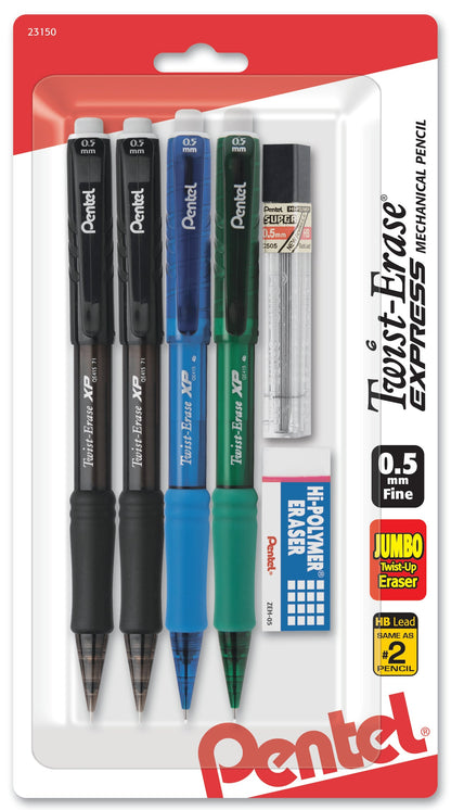Twist-Erase EXPRESS Mechanical Pencil (0.5mm) Assorted Barrel Colors (A/A/C/D) 4-Pk, Lead + Small Block Eraser (QE415LZBP4)