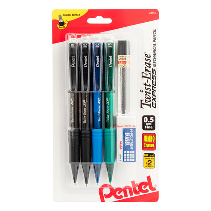 Twist-Erase EXPRESS Mechanical Pencil (0.5mm) Assorted Barrel Colors (A/A/C/D) 4-Pk, Lead + Small Block Eraser (QE415LZBP4)