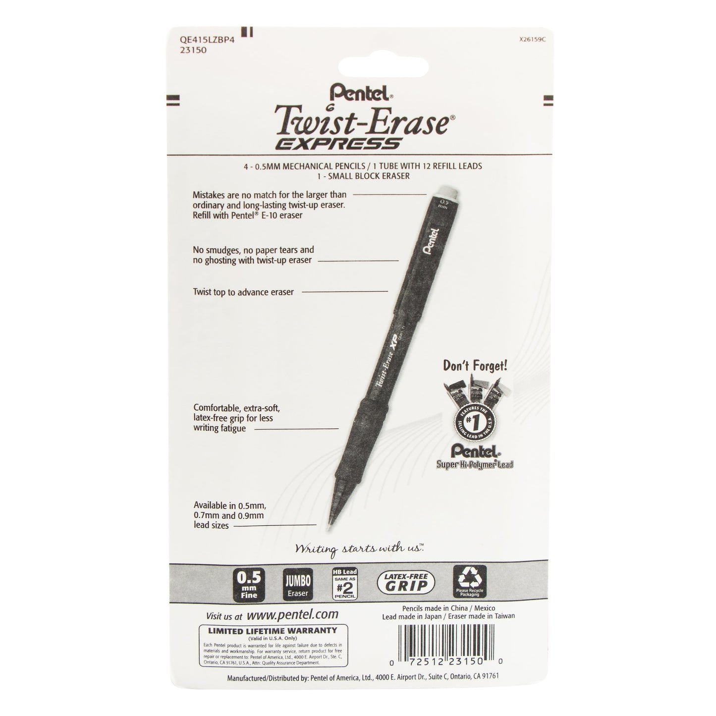 Twist-Erase EXPRESS Mechanical Pencil (0.5mm) Assorted Barrel Colors (A/A/C/D) 4-Pk, Lead + Small Block Eraser (QE415LZBP4)