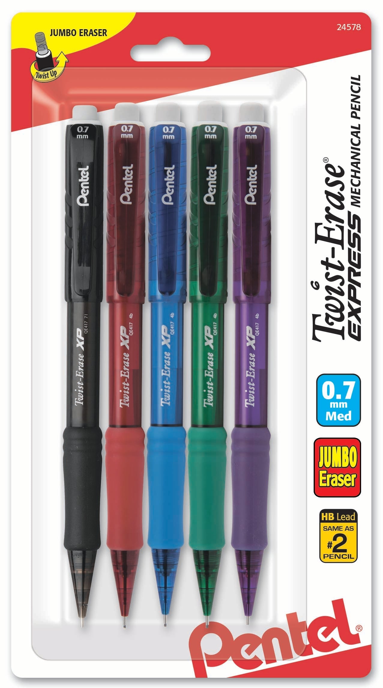 Twist-Erase EXPRESS Mechanical Pencil (0.7mm) Assorted Barrel Colors (A/B/C/D/V) 5-Pk (QE417FBP5M)