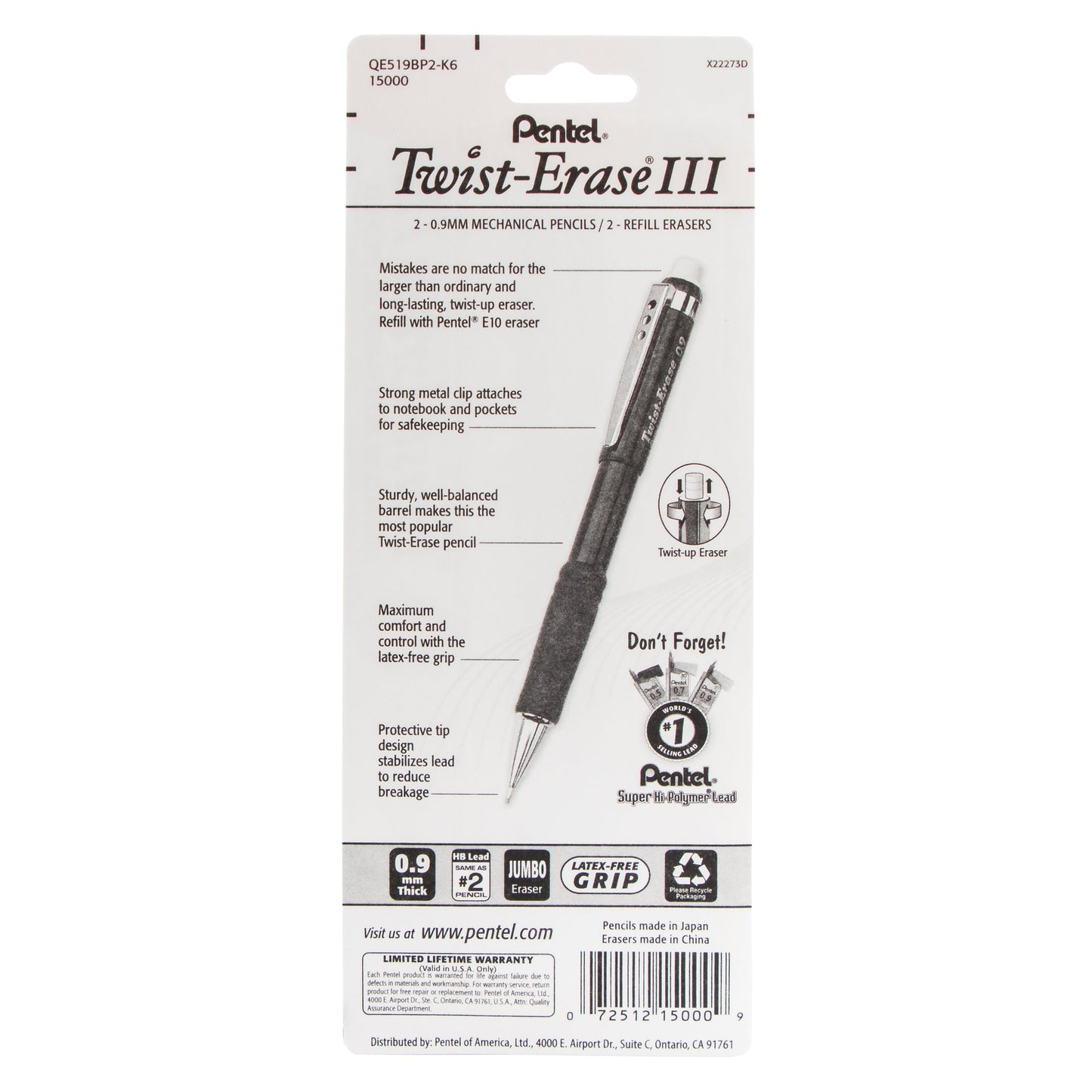 Twist-Erase III Mechanical Pencil, (0.9mm) with (2) Eraser Refills 2-Pk (QE519BP2-K6)