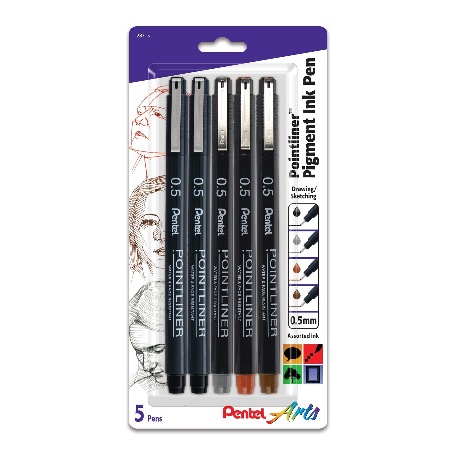 Pentel Arts Pointliner Pen, 5-Pack, 0.5mm Tip, Assorted Ink Colors, (2) S20P-5A. (1) S20P-5N, S20P-5SG, (1) S20P-5SP (S20PBP5M)