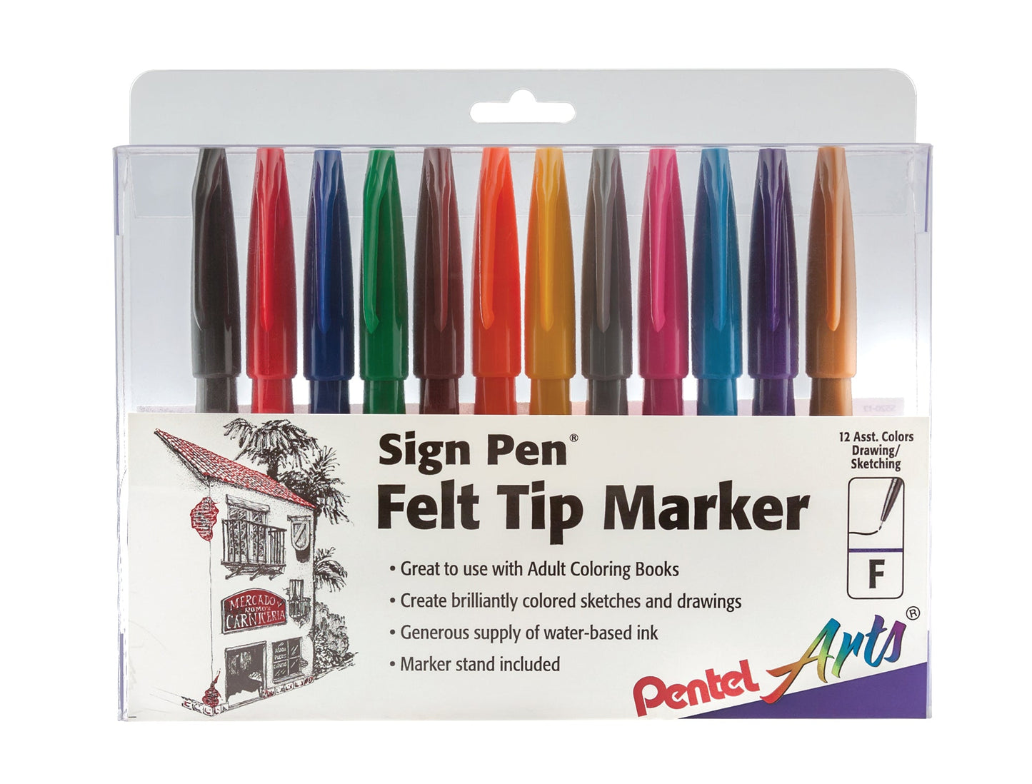 Pentel Arts Sign Pen Fiber-Tipped Pen, Assorted Ink 12-Pk Box (S520-12)
